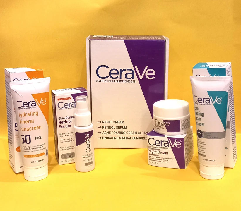 CERAVE 4-in-1 Skincare Kit | Cleanser, Night Cream, Retinol Serum & Sunscreen